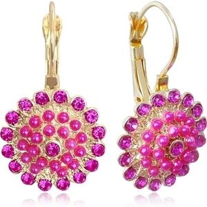 Gold Tone Pink Crystal Flower Drop Earrings